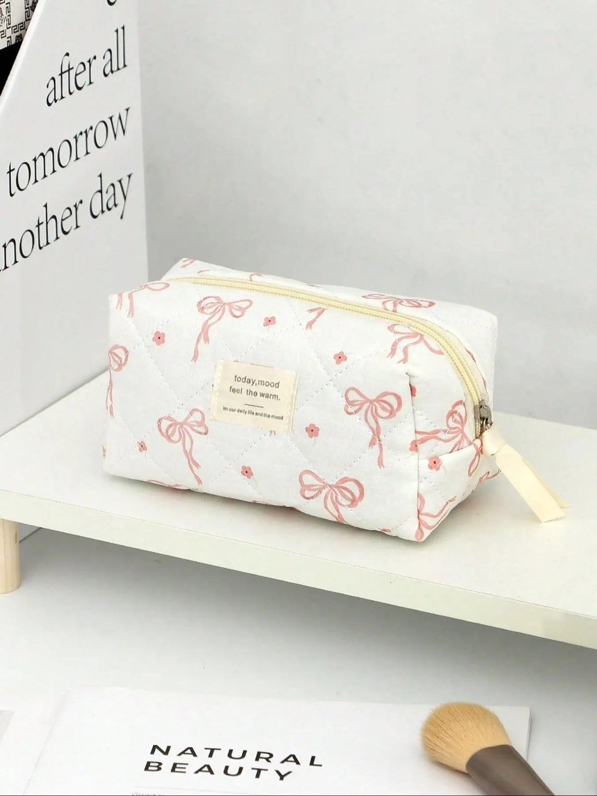 Bow & Flower Pattern Quilted Makeup Bag, /Set Cute Portable Cosmetic Storage Bag, Travel Essential Makeup Bag, Daily Toiletries Storage Makeup Bag, Travel Cosmetic Bags, Cosmetics Bag, Makeup Pouch