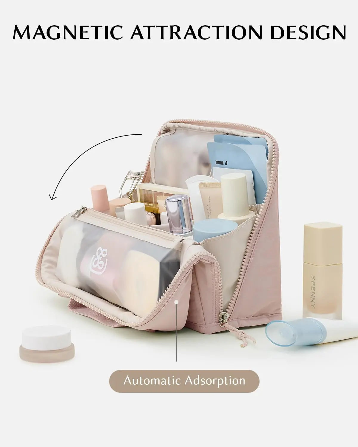 EACHY Standing Makeup Bag, Large Capacity Travel Cosmetic Organizer, Easy-Access Waterproof Toiletry Bag for Women
