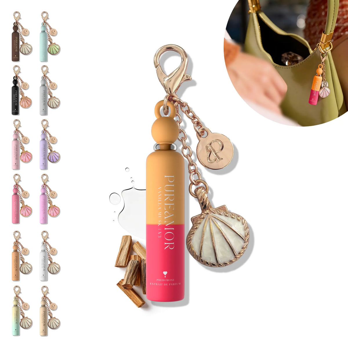 Pureamor Cute Mini Keychain Pheromone Extrait De Parfum (2Ml/0.07 Fl Oz) - Designer-Inspired, Estratetraenol Blend, 14 Scents (Vanilla, Floral, Woody), Magnetic Clip, Bag Accessories, EDC Items, Women'S Travel Gift