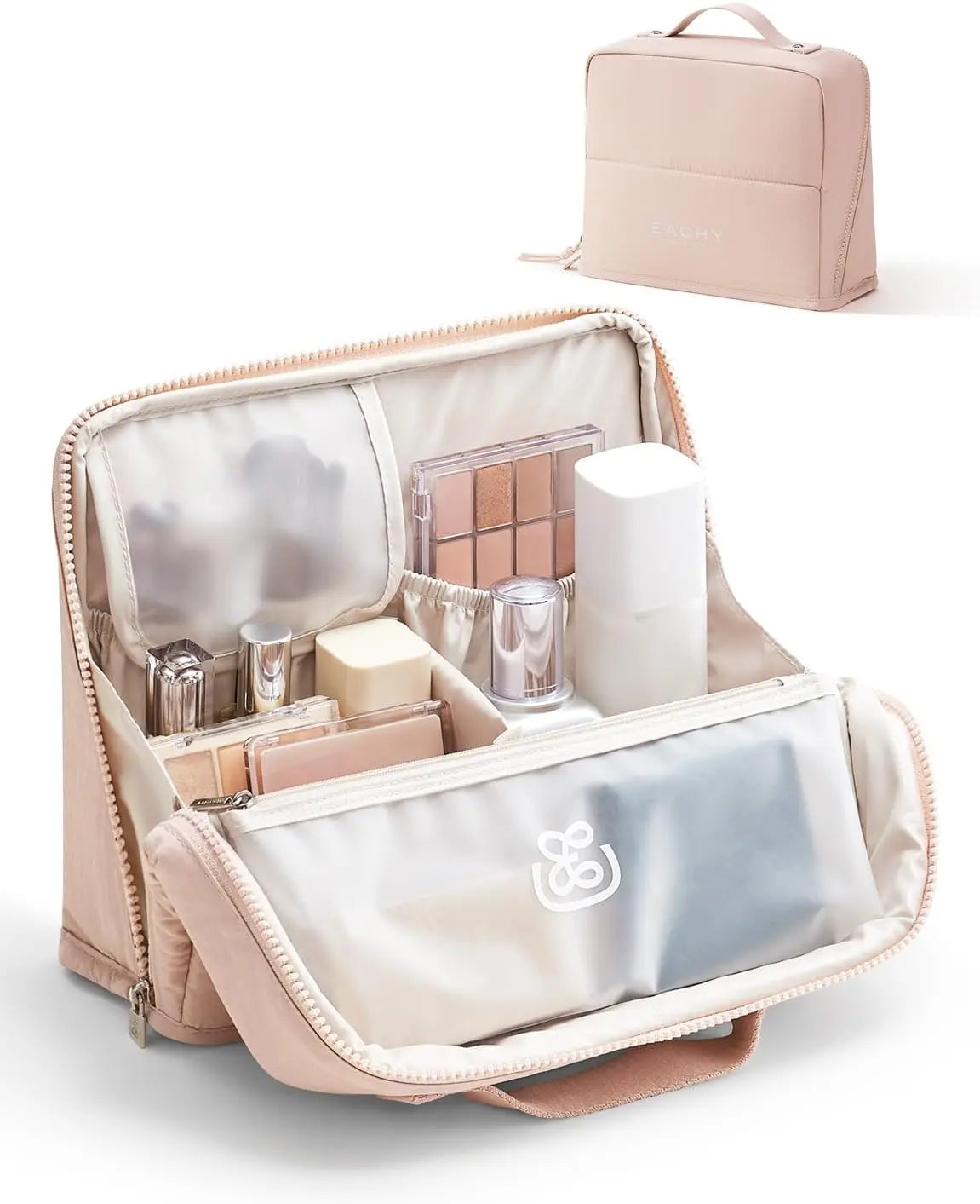 EACHY Standing Makeup Bag, Large Capacity Travel Cosmetic Organizer, Easy-Access Waterproof Toiletry Bag for Women