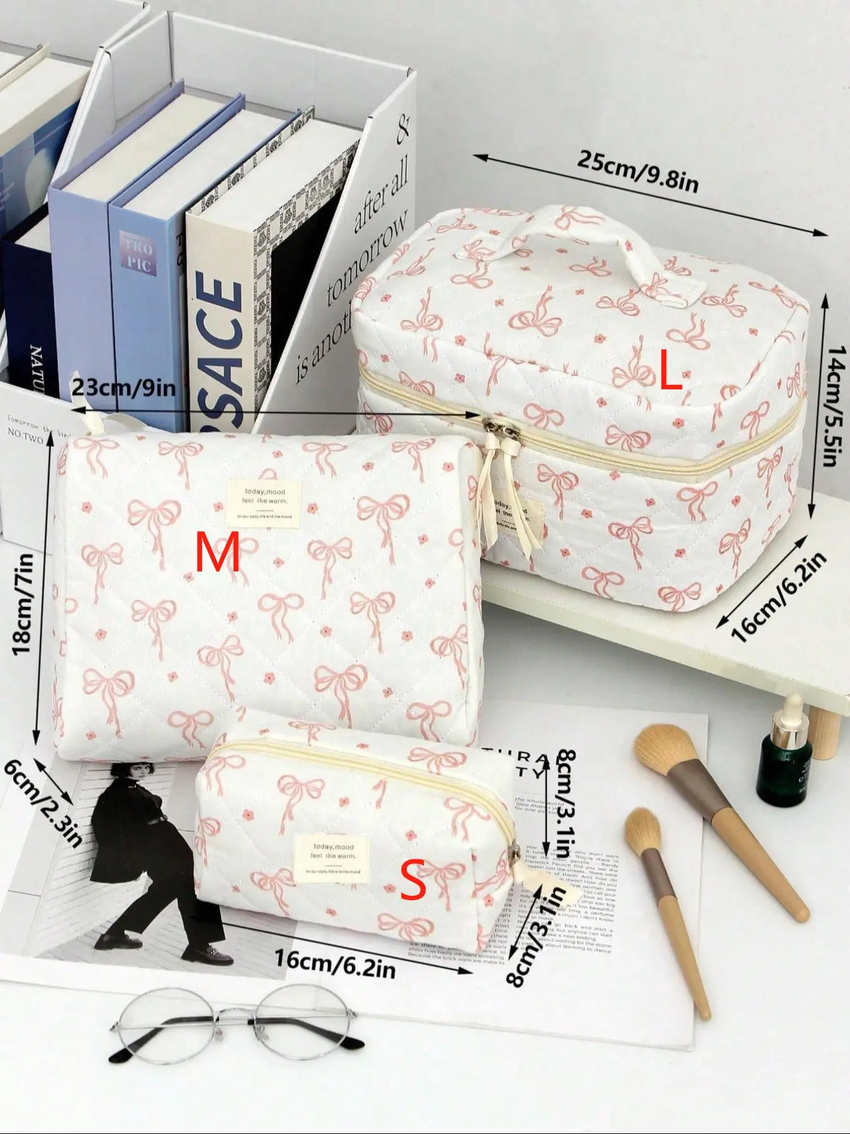 Bow & Flower Pattern Quilted Makeup Bag, /Set Cute Portable Cosmetic Storage Bag, Travel Essential Makeup Bag, Daily Toiletries Storage Makeup Bag, Travel Cosmetic Bags, Cosmetics Bag, Makeup Pouch