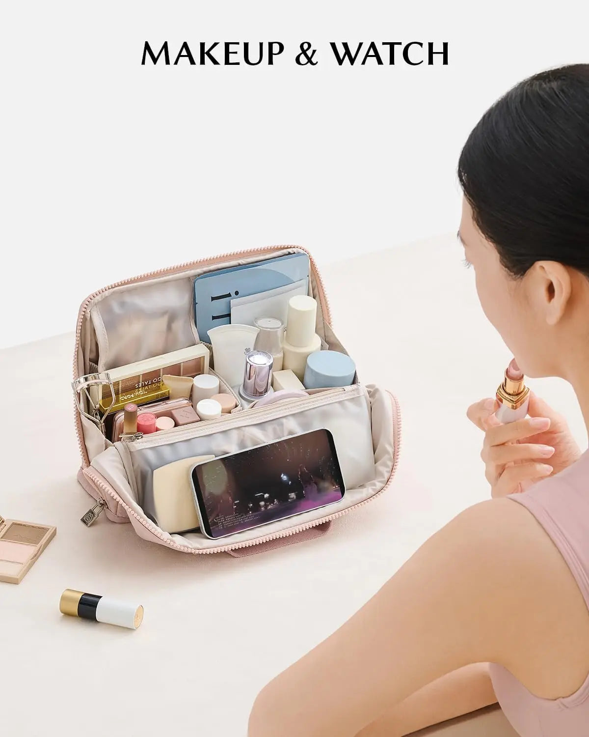 EACHY Standing Makeup Bag, Large Capacity Travel Cosmetic Organizer, Easy-Access Waterproof Toiletry Bag for Women